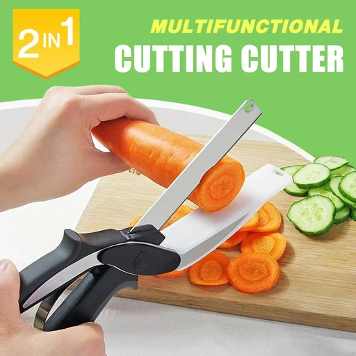 Multi-Function Smart 2 in 1 Clever Cutter Scissor Cutting Board Utility  Cutter Stainless Steel Smart Vegetable Knife.