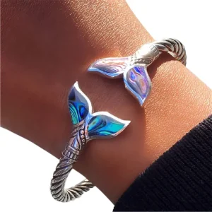 Abalone Shell and Silver Mermaid Tail Bangle Bracelet