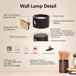 USB Rechargeable LED Wall Sconce Light with Touch & Remote Control