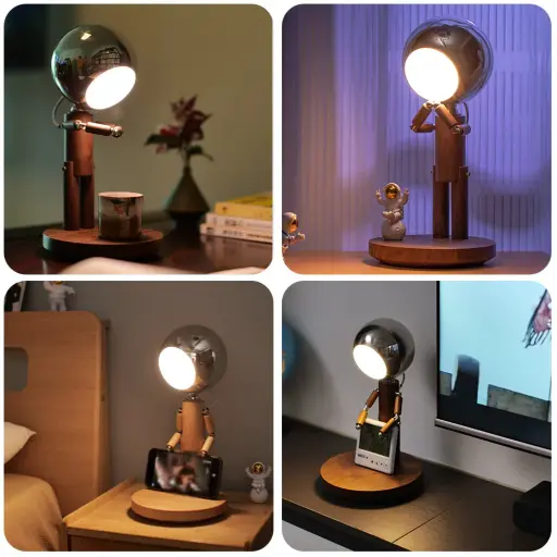 Lunar Robot Astronaut Wooden Table Lamp