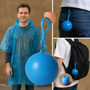 Disposable waterproof portable raincoat packed in a compact keychain ball sphere